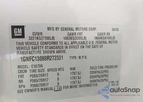 2008 Chevrolet Tahoe Lt z USA, uszkodzony, nr VIN 1GNFC13088R272331